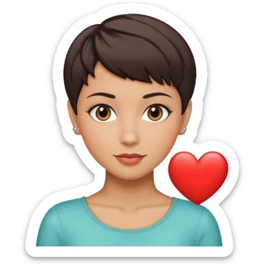 woman pixie cut dark brown hair, hispanic, brown oval eyes, heart shaped face sticker