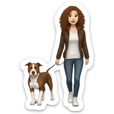 White woman with long curly brown hair walking brown and white pitbull sticker