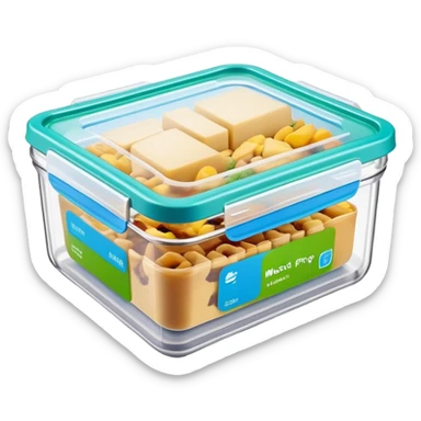 Meal prep company container with bright green and blue label on the top sticker
