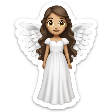 Brunette girl with long brown hair and brown eyes, with large angel wings and a white bow on a dress sticker