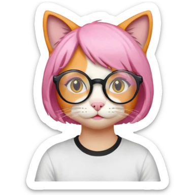 Orange Yellow cat wearing a little pink hair wig, black circle glasses, white T-shirt sticker