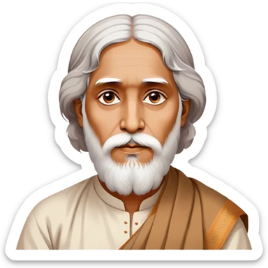 Rabindranath Tagore – Cinematic Realistic Portrait of Rabindranath Tagore, depicted with thoughtful, soulful eyes and gentle features, dressed in traditional Bengali attire with subtle artistic motifs, bathed in warm, soft lighting that evokes his poetic genius and timeless wisdom. sticker