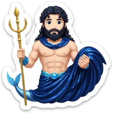 Neptune, God of Sea from Roman Deities with long jet black wavy hair and beard, dark blue sequin toga sticker