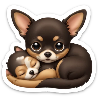 A high-resolution photo-realistic digital illustration of a cute black and tan chihuahua with big eyes shut sleeping lazily. sticker
