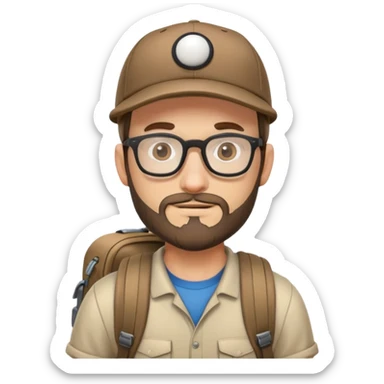 adventurer with backpack, small beard, glasses and backwards baseball cap sticker