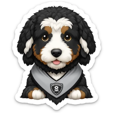 A black Bernedoodle with a white chest with Providence college gear on  sticker