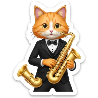 orange cat play gold saxophone, wear black suit sticker