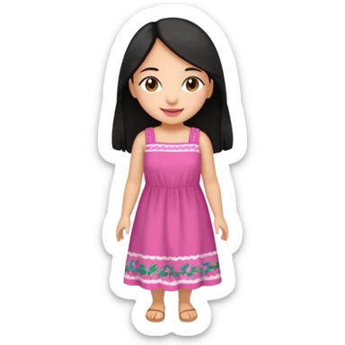 Gordita, ojos pequeños de color cafe oscuro, labios pequeños y rosados, piel trigueña, orejas pequeñas, cabello largo lazio y negro, pequeña. cuerpo completo. sticker