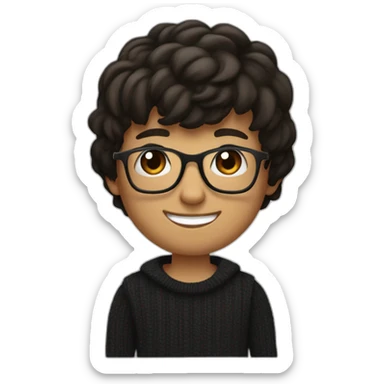 A young man with dark brown hair half-long on top and shorter on the sides with a bang. He has square glasses. He has a black sweater. He also has black eyes. He smiles sticker