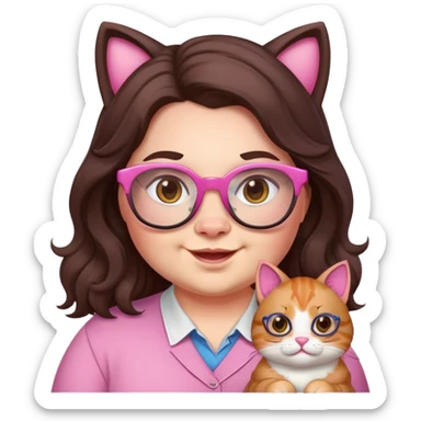 chubby English teacher face, pink cat glasses, wavy long dark brown hair, happy expression, gamer vibe, online classes sticker