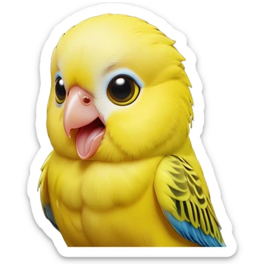 Cinematic Comical Yellow Budgie Portrait Emoji, Head tilted dramatically with an exaggeratedly amused expression, featuring a striking yellow feathered fur with a glossy finish, wide, expressive dark eyes filled with playful disbelief, Simplified yet hilariously expressive features, highly detailed, glowing with a slightly sassy glow, high shine, dramatic yet playful, stylized with an air of cheeky mischief, bright and endearing, soft glowing outline, capturing the essence of a spirited and over-the-top budgie, so meme-worthy it feels like it could side-eye its way into internet fame instantly! sticker