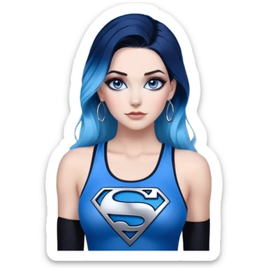 very very large chest-stunning beautiful face-black leggings-very long straight dark blue to light blue ombre hair-and-blue eyes-a lot of black eyeliner-thick long eyelashes-sky blue low cut tanktop with glitter superman logo-no gloves-silver hoop earrings sticker