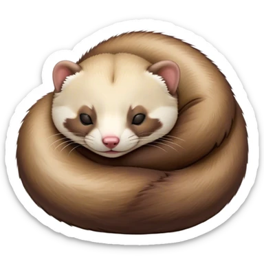 Meme-Worthy Cute Sleeping sable ferret Portrait Emoji, Head resting peacefully with a contented smile, showcasing a long, flexible body curled up in cozy repose, luxuriously soft fur in warm brown and cream, and eyes gently closed in serene slumber, Simplified yet hilariously adorable features, highly detailed, glowing with a soft, drowsy natural light, high shine, relaxed and utterly lovable, stylized with an air of playful laziness, bright and heartwarming, soft glowing outline, capturing the essence of a sleeping sable ferret that feels destined to become the next viral sensation of adorable rest! sticker