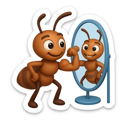 EMOJI STILE IPHONE 3D DI una formica che si guarda allo specchio felice e sicura di sè mentre contrae il suo bicipite muscoloso, fagli anche la parte bianca degli OCCHI, non solo la pupilla sticker