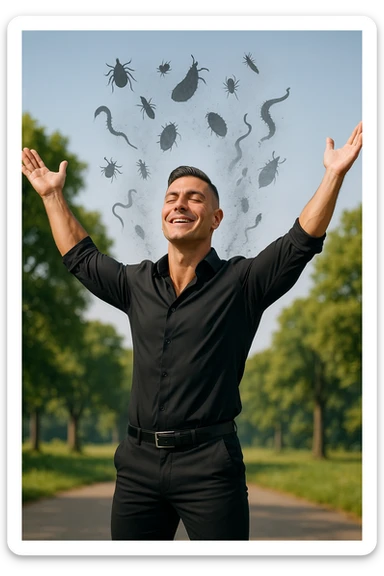 a man stands in uno studio clinico, arms raised in relief and joy, while faint, shadowy silhouettes of parasites fall away from his body and dissolve into the air. His posture is upright and energetic, his expression serene and healthy. The background features green trees and a clear sky, emphasizing liberation and restored well-being. sticker