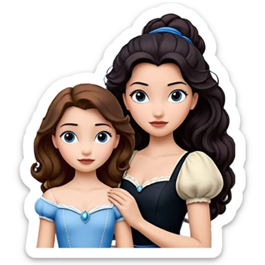 Quiero que crees una imagen donde este el castillo de Disney y por detrás o delante pon a 4 chicas: una con el pelo largo rizado marrón , otra con el pelo muy corto negro, como un chico, otra con el pelo mediano liso marrón con ojos azulesy otra con el pelo negro largo liso . Todos son color carne sticker