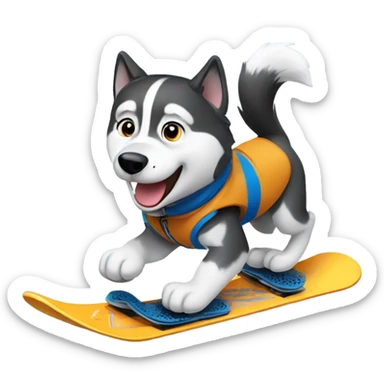 Huskies riding a snowboard sticker