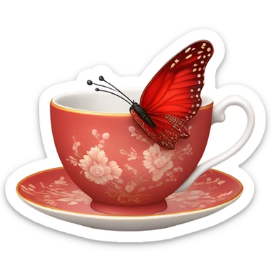 A delicate red butterfly with pastel red wings, resting on the edge of a light red porcelain teacup adorned with intricate floral patterns. sticker
