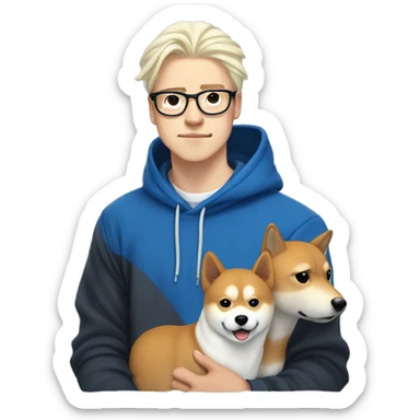 A young guy with long white hair pulled back into a ponytail white skin black-framed glasses and nose piercing wearing  blue hoodie and a Shiba Inu dog next to him sticker