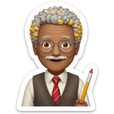 old man teacher, brown skin, curly grey white hai, wearing glasses, brown vest, red tie hold chalk on hand sticker