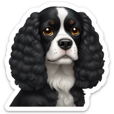 completely black small king spaniel with black fur on his whole face and white fur on chest sticker