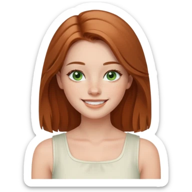 emoji of a woman named Freya McOmish, smiling, green eyes, long light brown hair, subtle freckles, modern casual style, broad shoulders, wearing a white sleeveless square neck top sticker