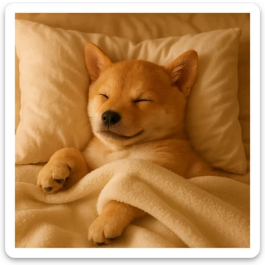 an adorable animal sleeping in a comfy bed, peaceful and warm atmosphere, soft and cozy sticker