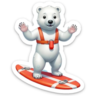 full body friendly anthropomorphised polar bear smiling, wearing colorful swim suit and long board shorts below the knee, scuba goggles, holding red and white life buoy, standing in small puddle sticker