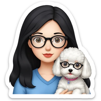 A girl with long black hair and glasses holding a bichon and a white devon sticker