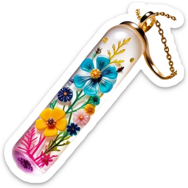 Create an icon that represents decorative arts using epoxy resin. The design should feature colorful tubes of resin, including fluorescent resin tubes, with visible drops or strokes of resin being applied to create intricate designs. Include finished resin jewelry pieces, such as pendants or rings, containing preserved flowers and insects encased in clear resin. The composition should feel vibrant, artistic, and delicate, showcasing the unique beauty of resin art with natural elements. The background should be transparent sticker