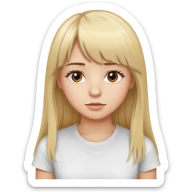 Woman with long blond hair and bangs, brown eyes with eyelashes, white T-shirt, looking to the left sticker