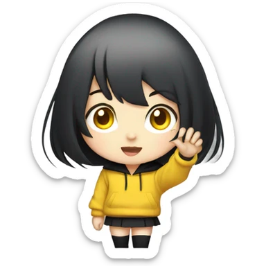 black short hair, yellow pupils, black hoodie, black short skirt, waving, chibi, anime sticker