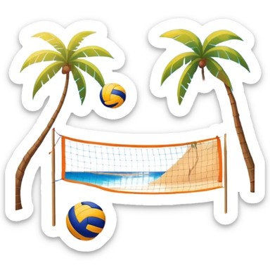 The scene captures a sunny beach atmosphere with clear blue sea and sky, palm trees swaying, and people in swimsuits enjoying the vibrant surroundings. A volleyball resting on the orange sand ground of a beach, with a volleyball net in the background.  sticker