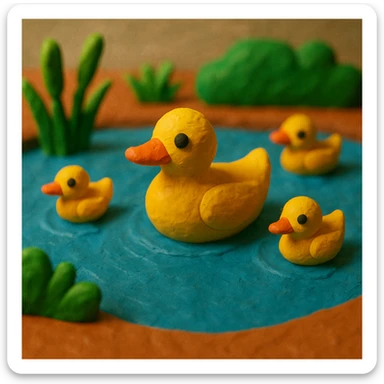 duck family swimming in a pond, vibrant colors, soft lighting, textured look, claymation style sticker