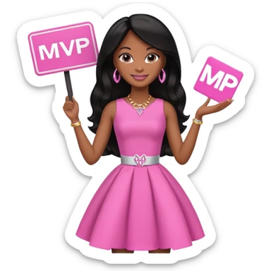 Black barbie, long black  hair, pink dress holding mvp sign  sticker