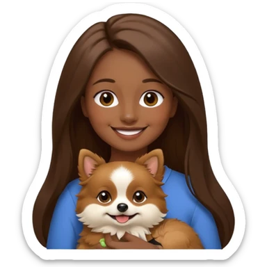 Create a high-quality emoji illustration of a woman with long brown hair, smiling, holding a small Pomeranian dog. The dog’s face is mostly black with a white line centered from the nose to the mouth. Minimalist emoji style, smooth lines, bright but natural colors.” sticker