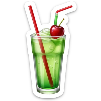 Create an emoji with a clear rounded glass, bright transparent green soda with fine bubbles, a smooth vanilla scoop, a glossy red cherry, and a red straw, using vibrant colors, soft shading, and clear glass highlights.
 sticker