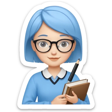 A smart and cute girl with short hair, wearing sky blue clothes,
I hold a book in one arm. There is a pen in the book.
He is wearing black-rimmed glasses and smiling brightly. sticker