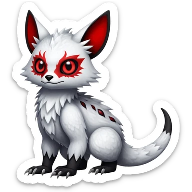 a white exotic edgy vernid-fionbr-Fakémon-creature, with black belly and red eyes, full body sticker