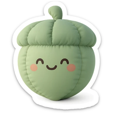 soft green acorn with a smiley face, hand-drawn kawaii style, cushion style sticker