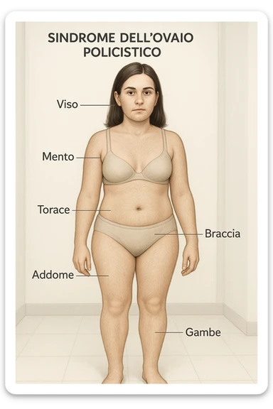 Realistic vertical illustration of a woman with polycystic ovary syndrome. Anatomically highlight the areas most affected by excess hair (face, chin, chest, abdomen, arms, legs). Clinical atmosphere with captions in Italian. Aspect ratio 2:3. sticker