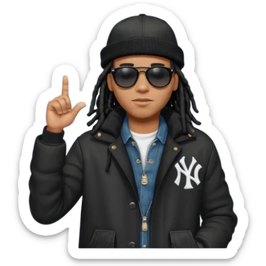 African American man with shoulder length black dreadlocks wearing black sunglasses with black bubble winter coat wearing a New York Yankees baseball hat wearing denim skinny jeans and timberland boots with finger pointing to his head sticker