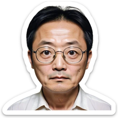 Park Ju-un is a middle-aged man, around 45 years old, with tired eyes that carry the weight of a lifetime of struggles. His thin-framed glasses sit slightly crooked on his nose, one lens showing a faint crack from an earlier scuffle. His black hair, streaked with strands of gray, is unkempt and damp with sweat.

His face is gaunt, with deep wrinkles lining his forehead and around his mouth, evidence of years of stress and hardship. He wears the standard green Squid Game tracksuit (#369), but his jacket is slightly loose on his thin frame, and the collar is stained with sweat. His hands, slightly calloused from years of office work, tremble as he grips the small needle.

His posture is hunched, his movements cautious—a man who has always played life safely but now faces a game with no second chances. sticker