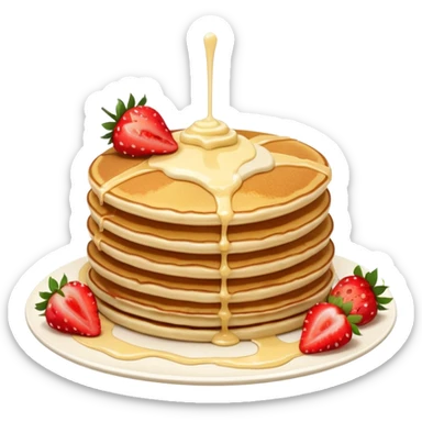 a stack of pancakes with melted white chocolate drizzle and strawberries sticker