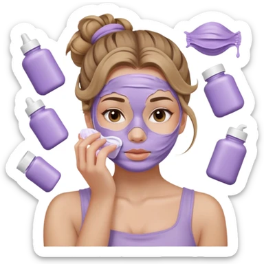 girl with wavy dark blonde hair messy bun applying lilac skincare mask covering face sticker