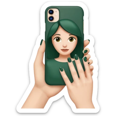 dark green case on white iPhone, female hand with nude manicure holding the phone, top view, emoji style sticker