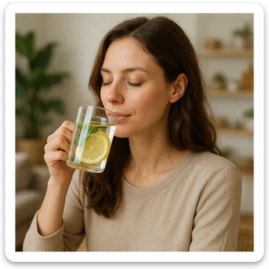 young woman drinking water or detox tea, relaxed expression, wellness atmosphere, realistic details, living room or kitchen background sticker