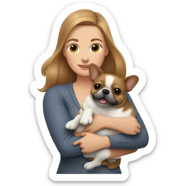 light brown hair woman hugging two dogs: in one arm a pomeranian and in the other a dark gray french bulldog sticker