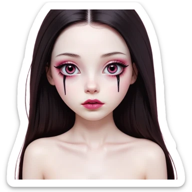 girl with white skin, dark brown long realistic straight hair with middle part prominently falling in front of her body over her shoulders, lips with reddish-pink shiny lip gloss and absolutely no cupid's bow, big round eyes with very black shiny eyeballs and natural long eyelashes, absolutely no eye makeup, no eyeshadow, no eyeliner, completely bare eyes, light pink blush on cheeks, lighter button nose, exceptionally elongated very long oval-shaped face, wearing a pink off-shoulder top, looking directly at camera with hands down at sides sticker