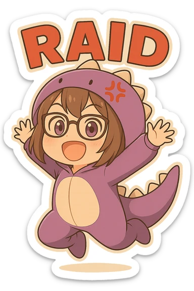 Add the text 'RAID' above the chibi anime style gamer girl in bold red letters. Keep the same chibi stickers style, matching the colors and shading of the reference images. No background. sticker
